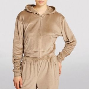 SKIMS Cropped Zip Up Velour Hoodie Chestnut Tan {H40}